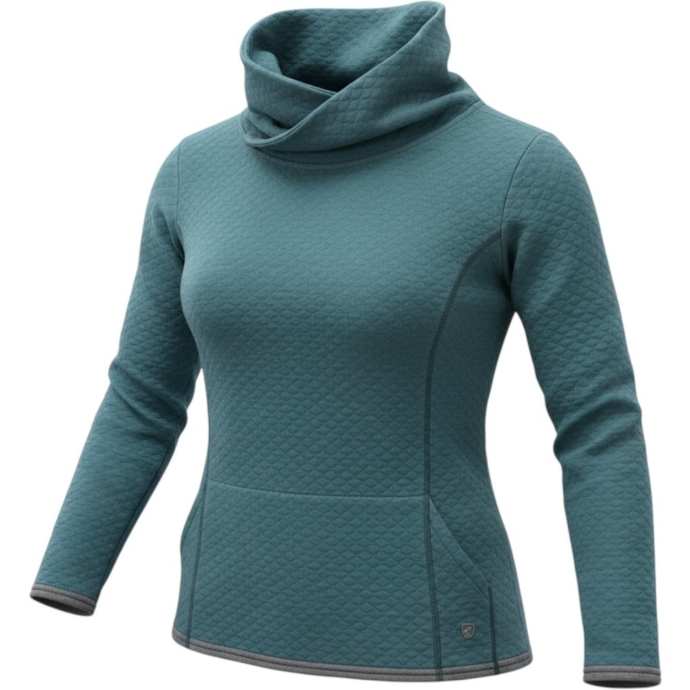 KUHL Quinn Pullover Teal Green Quilted Cowl Neck Kangaroo Pocket Top XL